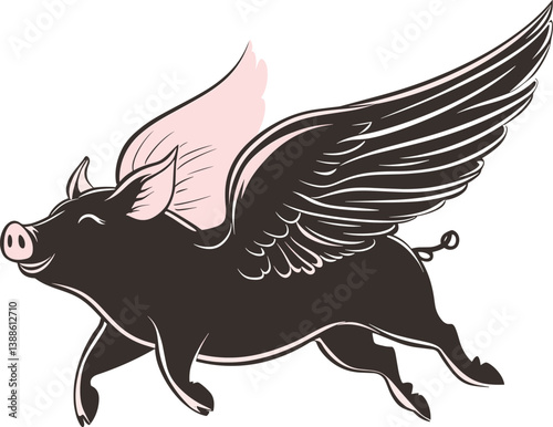 Silhouette of a flying pig with large wings cartoon isolated on transparent background. Vector illustration.