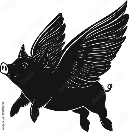 Silhouette of a flying pig with large wings cartoon isolated on transparent background. Vector illustration.