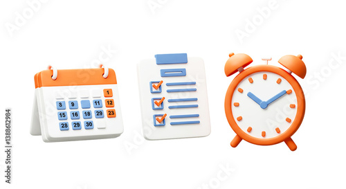 A calendar, a checklist, and an alarm clock in a row on a black background for time management concept png