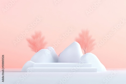 Minimalist, 3D landscape scene with soft, pastel colors.  White, rounded hills and a simple platform, accented by delicate pink trees.  A serene, peaceful aesthetic photo