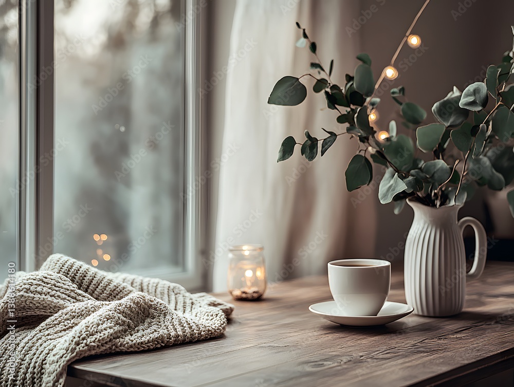 custom made wallpaper toronto digitalCozy Winter Window Scene: Coffee, Knit Blanket, Eucalyptus