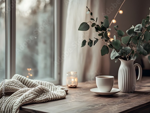 Wallpaper Mural Cozy Winter Window Scene: Coffee, Knit Blanket, Eucalyptus Torontodigital.ca