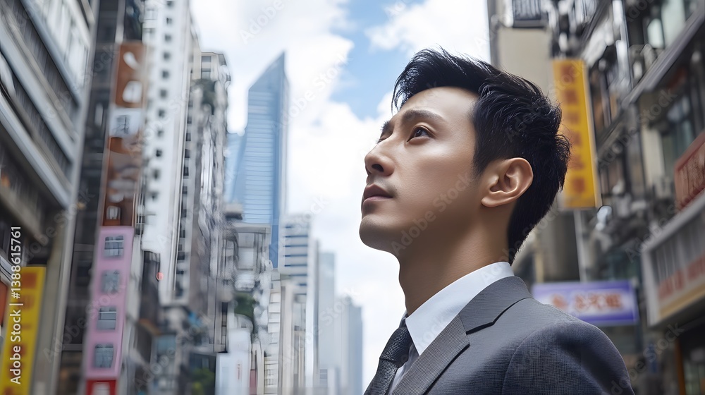 Ambitious Asian Businessman Looking Up Cityscape Ambitious Asian Businessman Looking Up Cityscape