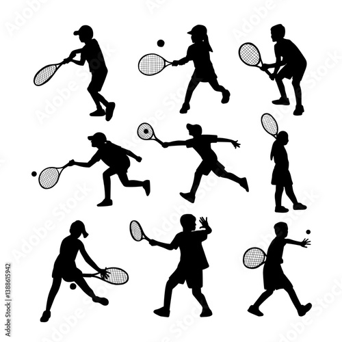 silhouette kid play tennis on white background