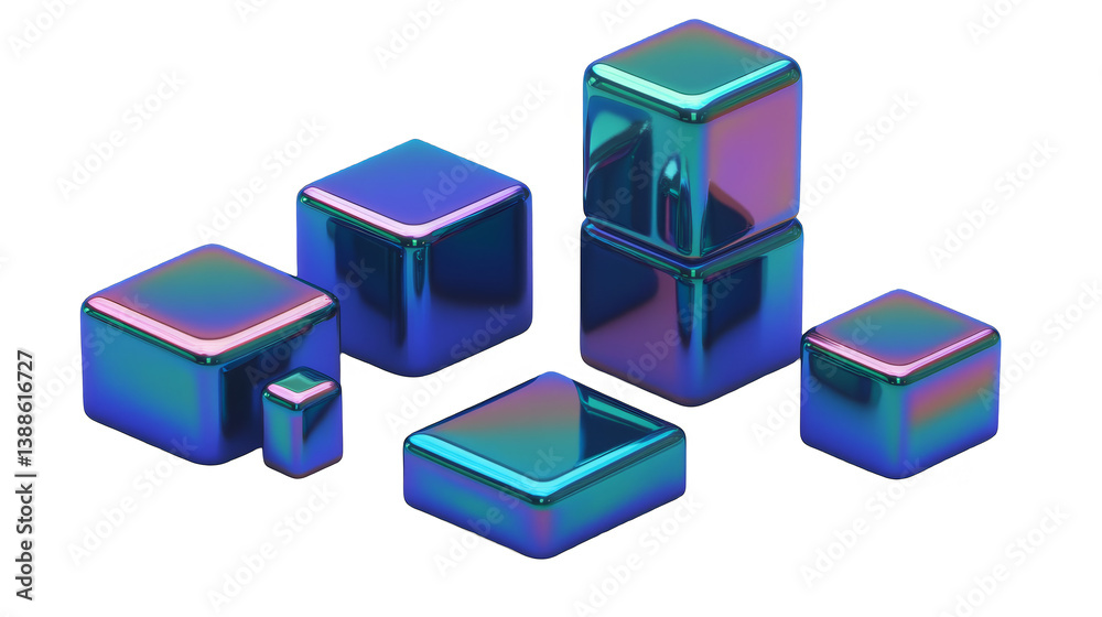 3D Illustration of Iridescent Cubes on Transparent Background 3D Illustration of Iridescent Cubes on Transparent Background