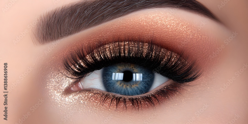 Naklejka premium Stunning Closeup Blue Eye Makeup with Glitter and Long Lashes