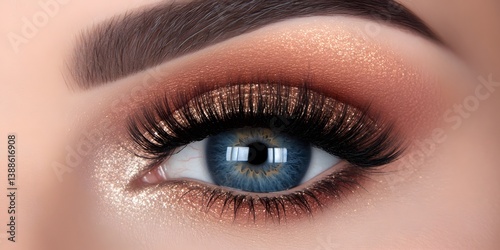 Stunning Closeup Blue Eye Makeup with Glitter and Long Lashes