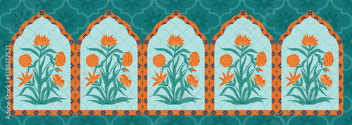 Mughal motifs border vector illustration of seamless floral background
