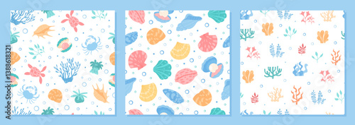 Underwater seamless pattern set with marine details. Vibrant coral, plant, reef, and aquatic life in a cartoon graphic style. Perfect background for sea or summer themes.