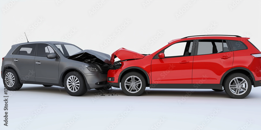 Fototapeta premium Two modern cars crashing in a road accident with open hoods