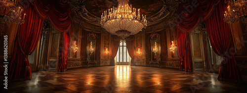 An ornate ballroom with grand chandeliers, luxurious red curtains, and intricate wood flooring exudes elegance and opulence