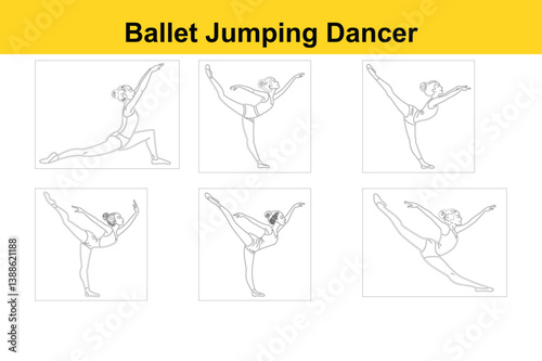 Set of Elegant Ballet Leaping Ballerina Line Art Silhouette