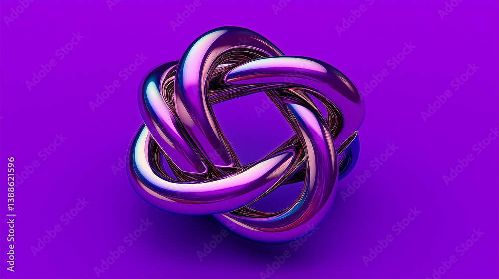 Fototapeta premium Iridescent metallic tubes intertwining creating abstract knot on purple background