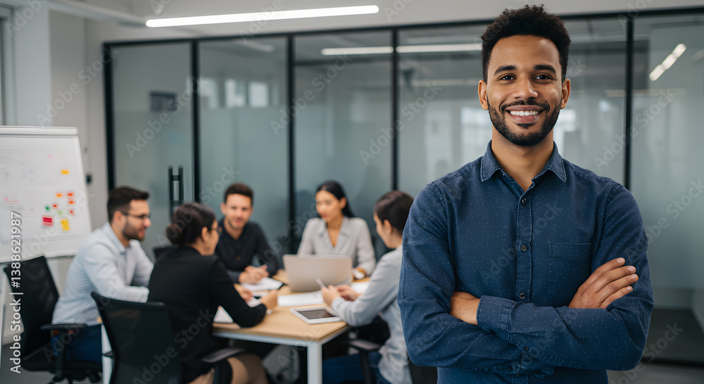 Obraz premium A smiling man stands confidently with arms crossed in the foreground, while a diverse team collaborates around a table in a modern office setting.