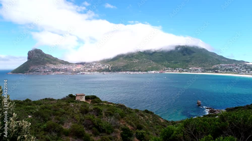 Pan shot over Hout Bay from The Sentinel toward beach from Chapman's Peak Pan shot over Hout Bay from The Sentinel toward beach from Chapman's Peak