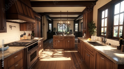 Immerse yourself in the timeless beauty of a classic European kitchen showcasing elegant wood cabinetry, luxurious marble countertops