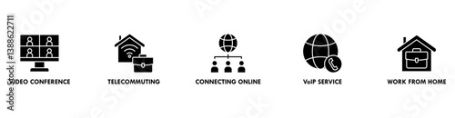 Remote working banner web icon vector illustration concept for working at home with icon of video conference, telecommuting, connecting online, VoIP, and working from home