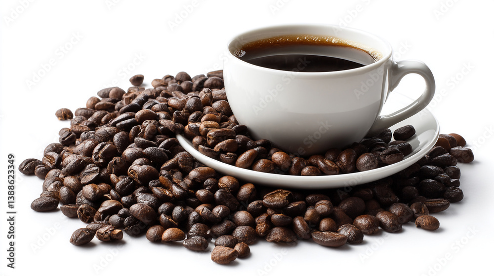 A steaming cup of coffee rests on a bed of rich, roasted coffee beans, isolated on white. A steaming cup of coffee rests on a bed of rich, roasted coffee beans, isolated on white.