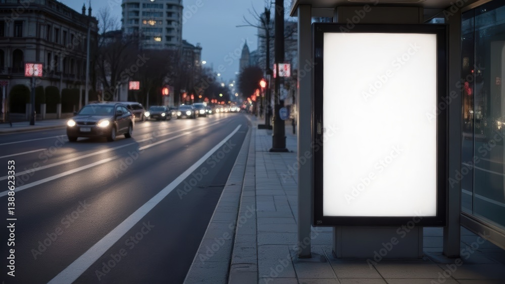 Illuminated Bus Stop Billboard Mockup at Dusk in Urban Setting, City Advertising Template Illuminated Bus Stop Billboard Mockup at Dusk in Urban Setting, City Advertising Template