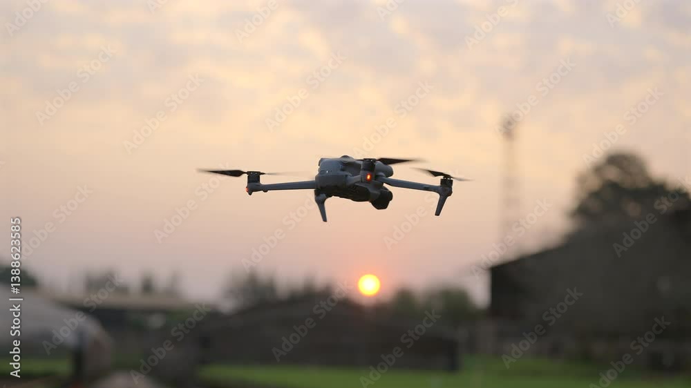 Advanced drone flight during golden hour, innovation in aerial surveillance and agriculture Advanced drone flight during golden hour, innovation in aerial surveillance and agriculture
