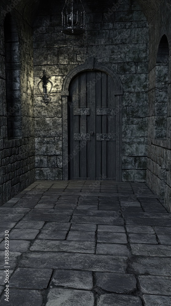 Fototapeta premium Dark, stone corridor with a wooden door. Dimly lit passageway in a medieval castle