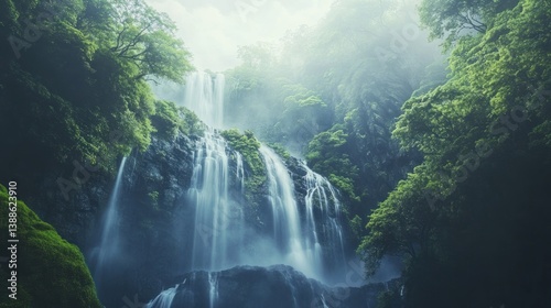 Serene Waterfall in Lush Green Forest