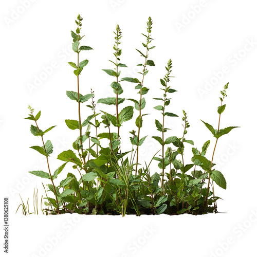 A Cluster of Wild Water Mint Plants with Green Leaves and White Flowers Isolated on Transparent Background