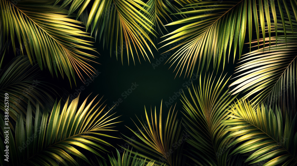 Obraz premium Lush green palm leaves frame dark background, creating depth