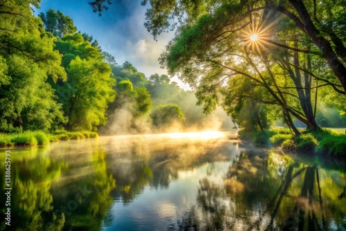 Serene River Landscape with Morning Mist