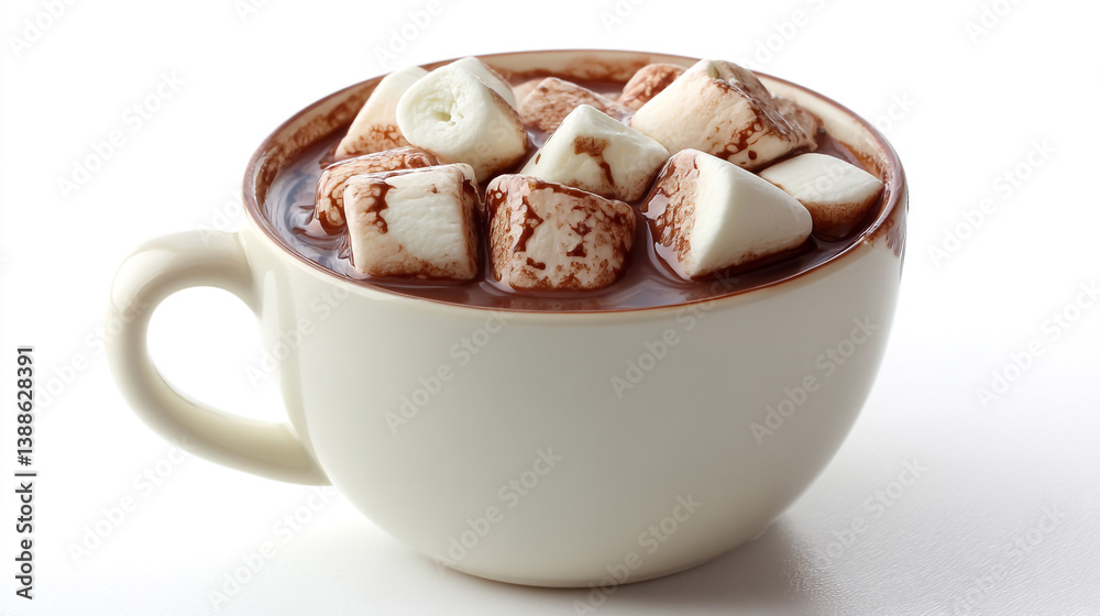 A creamy mug of hot chocolate topped with a generous helping of marshmallows. A creamy mug of hot chocolate topped with a generous helping of marshmallows.