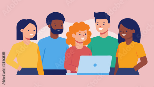 Diverse Investors A group of four diverse individuals different genders and ethnicities gathered around a laptop examining a real estate crowdfunding website together.