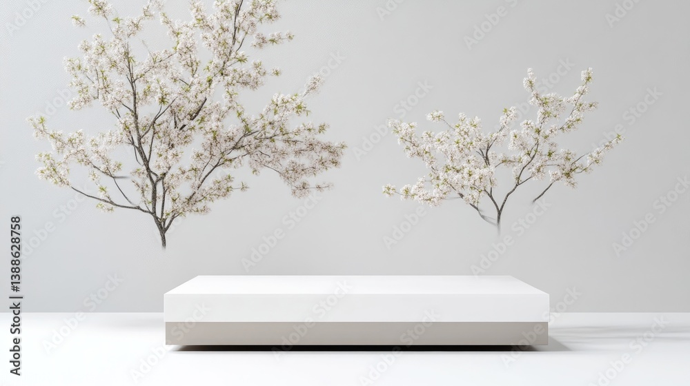 Obraz premium Empty white display podium with cherry blossoms