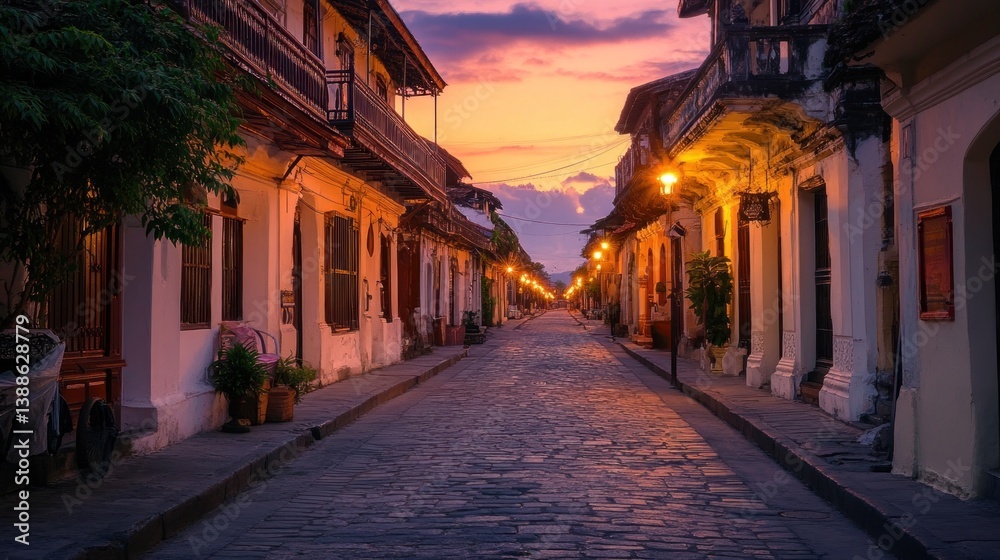 Fototapeta premium Sunset Serenity: Cobblestone Street in Antigua, Guatemala