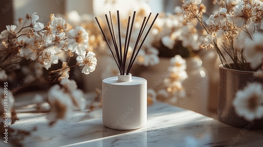 Fototapeta premium Fragrant sticks stand amidst delicate white blooms, light pouring in