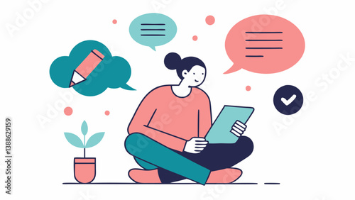 Creative Scriptwriting A person sitting comfortably with a notebook and pen jotting down creative ad scripts for a podcast with thought bubbles illustrating ideas like catchy