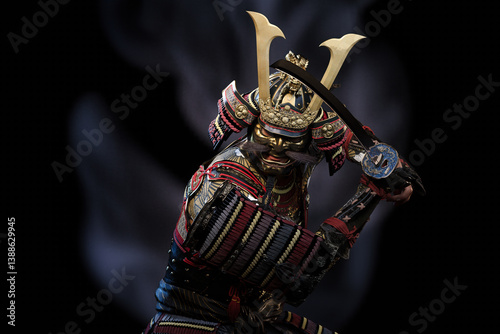Samurai Warrior in Battle Pose with Sword Drawn, Dramatic Lighting, 3D illustration.