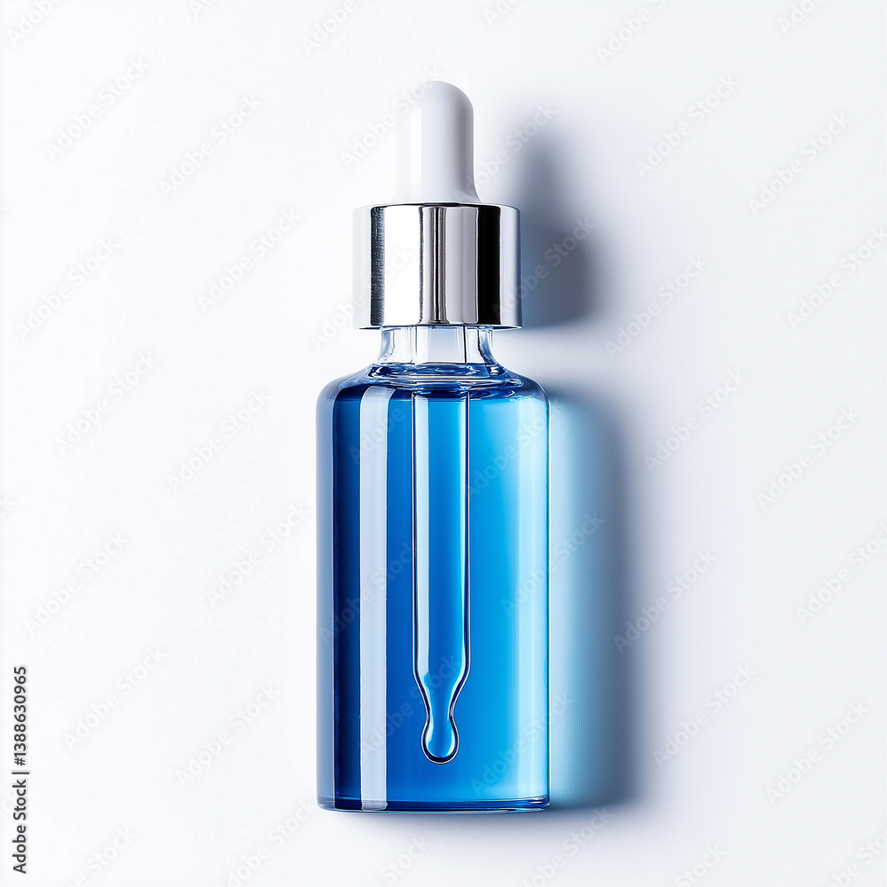 Glass dropper bottle containing blue liquid lying on white surface Glass dropper bottle containing blue liquid lying on white surface