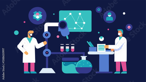 Nanotechnology Concept A stylized graphic representing a futuristic lab setting with scientists working at microscopes and a digital board displaying Nanotechnology for Skincare.