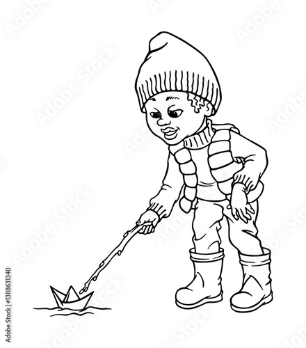 Boy in rubber boots, hat and vest with a branch in his hand launching a paper boat in a puddle in spring, summer or early autumn. Happy childhood concept. Hand drawn outline illustration for coloring
