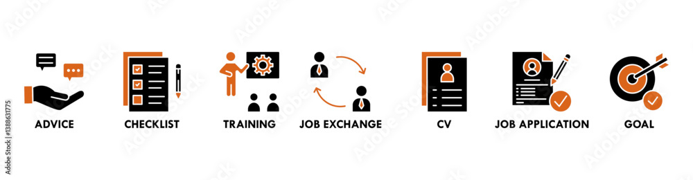 Career banner concept with icon of advice, checklist, training, job exchange, cv, job application and goal. Web icon vector illustration Career banner concept with icon of advice, checklist, training, job exchange, cv, job application and goal. Web icon vector illustration