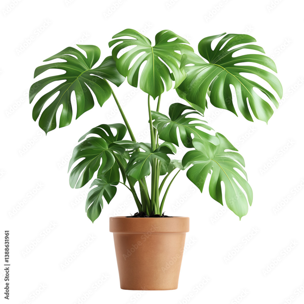 A 3D Monstera Plant with Glossy Split Leaves Isolated on Transparent Background A 3D Monstera Plant with Glossy Split Leaves Isolated on Transparent Background