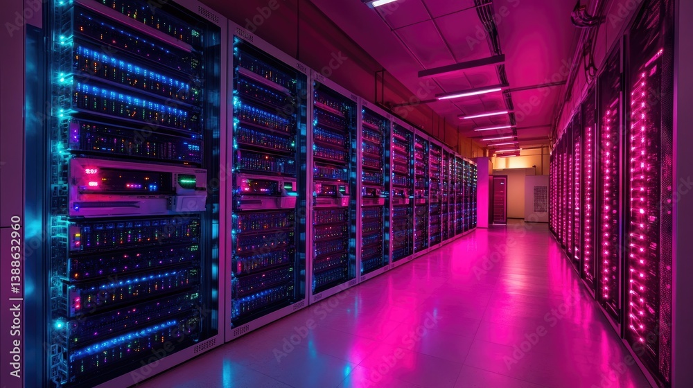 Fototapeta premium Rows of server racks illuminate a data centers spacious hallway