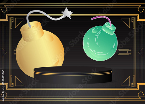 Mockup product display with Bomb. Vector cylinder pedestal podium. Stage showcase for presentation. Minimal geometric forms.