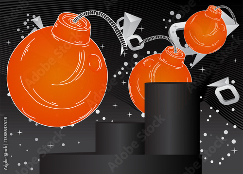 Mockup product display with Bomb. Vector cylinder pedestal podium. Stage showcase for presentation. Minimal geometric forms.