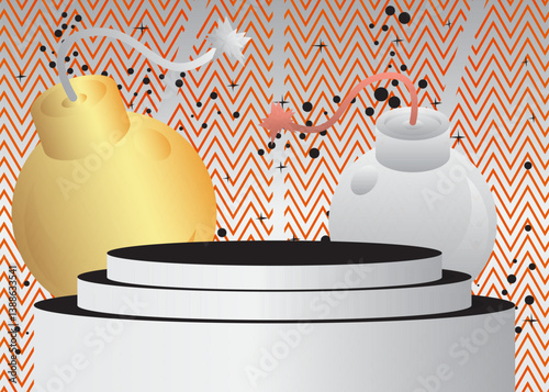 Mockup product display with Bomb. Vector cylinder pedestal podium. Stage showcase for presentation. Minimal geometric forms.