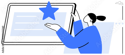 Woman gesturing to a blue star on a digital tablet, highlighting achievement, recognition, or quality. Ideal for leadership, education, motivation, branding technology success career. Flat simple