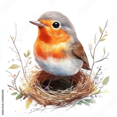 An adorable robin perched on its nest in a watercolor illustration