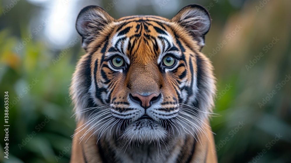 Fototapeta premium Focused tiger with orange, black stripes and piercing eyes, forest background