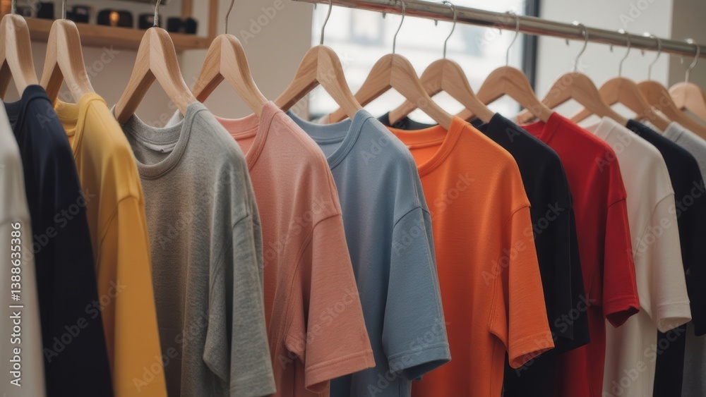 Obraz premium Row of Colorful T-Shirts Hanging on Wooden Hangers in Boutique or Store