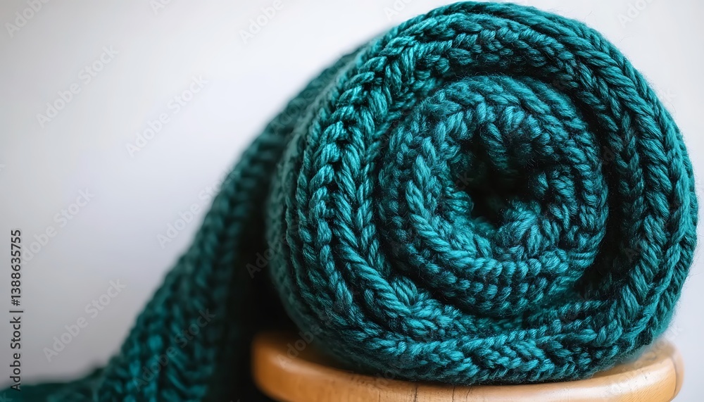 Obraz premium Teal Knitted Throw Rolled on Stool